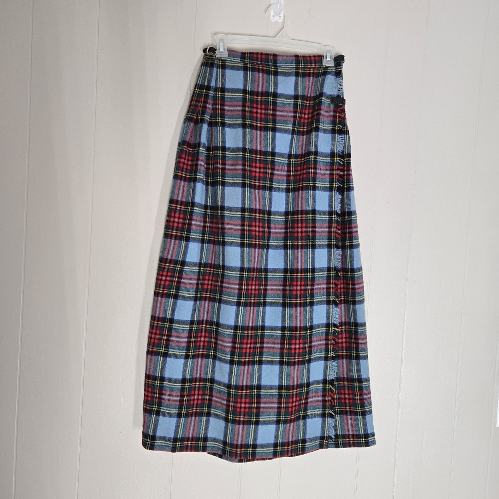 Laird-Portch of Scotland kilt maxi plaid wrap skirt blue red green buckles XS